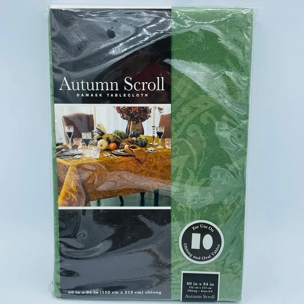 Fall Style Autumn Scroll Fern Green Damask Oblong Oval Tablecloth NEW 60” x84”